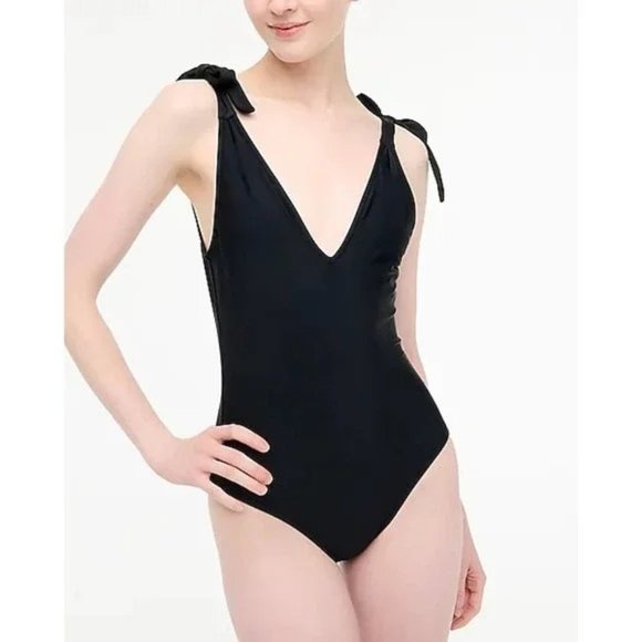 J. Crew NWT Tie Shoulder V Neck Swimsuit Size 3X in Black - Picture 1 of 10